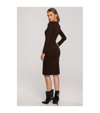 S314 Pencil dress with leather piping - brown