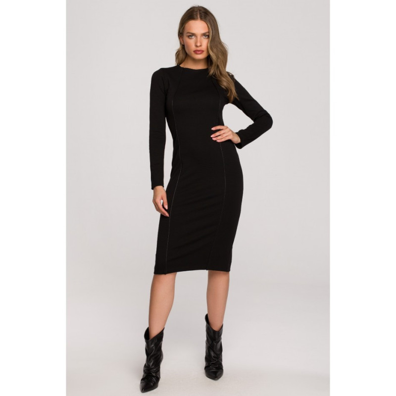 S314 Pencil dress with leather piping - black