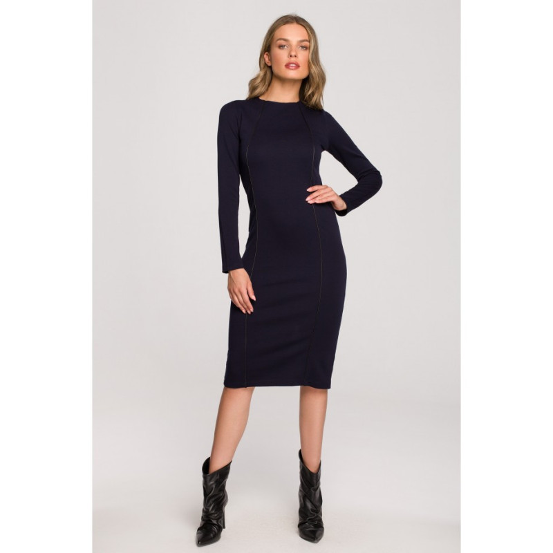 S314 Pencil dress with leather piping - navy blue