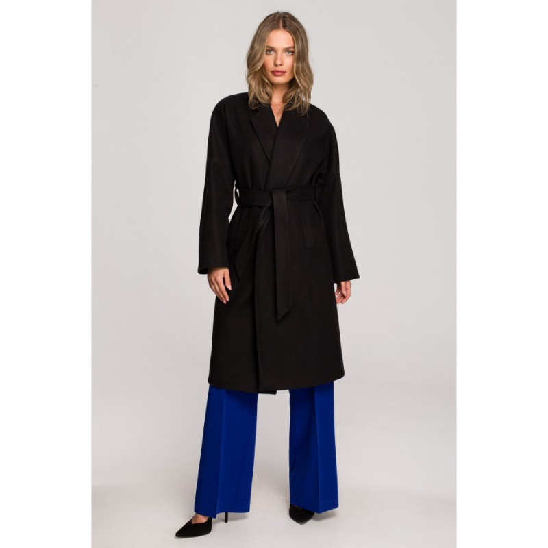 S329 Flare coat with belt - black