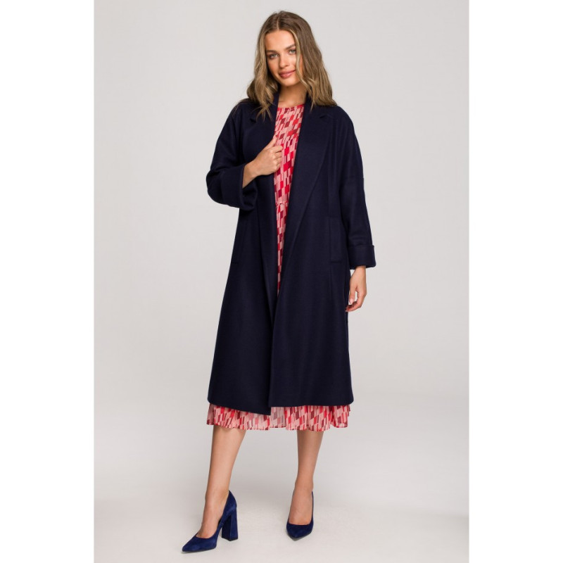 S329 Flare coat with belt - navy blue