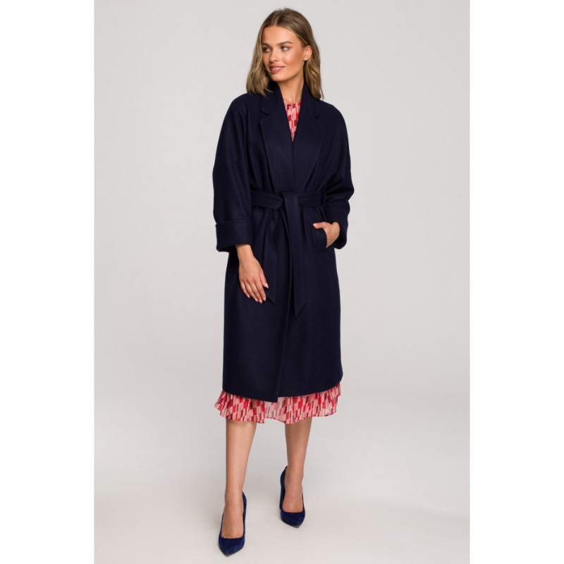 S329 Flare coat with belt - navy blue