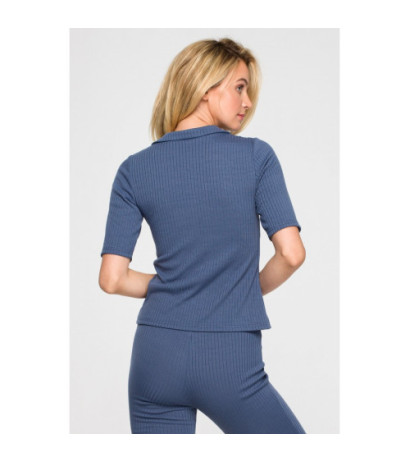 LA116 Ribbed blouse with collar - blue