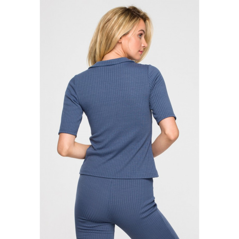 LA116 Ribbed blouse with collar - blue