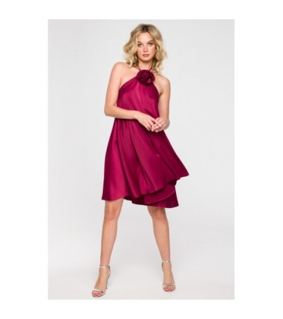 K154 Flared dress with flower - burgundy