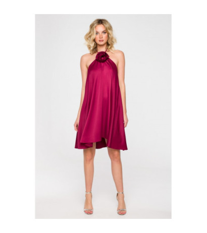 K154 Flared dress with flower - burgundy