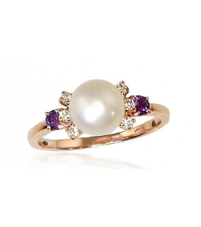 Gold ring 1100253(Au-R)_CZ+AM+PE, Red Gold 585°, Zirkons , Amethyst , Fresh-water Pearl