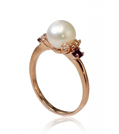 Gold ring 1100253(Au-R)_CZ+AM+PE, Red Gold 585°, Zirkons , Amethyst , Fresh-water Pearl