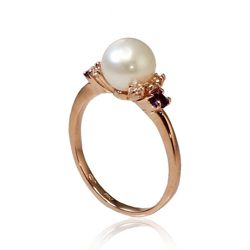 Gold ring 1100253(Au-R)_CZ+AM+PE, Red Gold 585°, Zirkons , Amethyst , Fresh-water Pearl