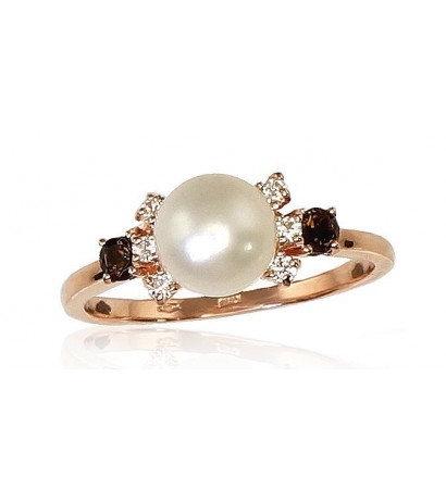 Gold ring 1100253(Au-R)_CZ+KZSM+PE, Red Gold 585°, Zirkons , Smoky Quarz , Fresh-water Pearl