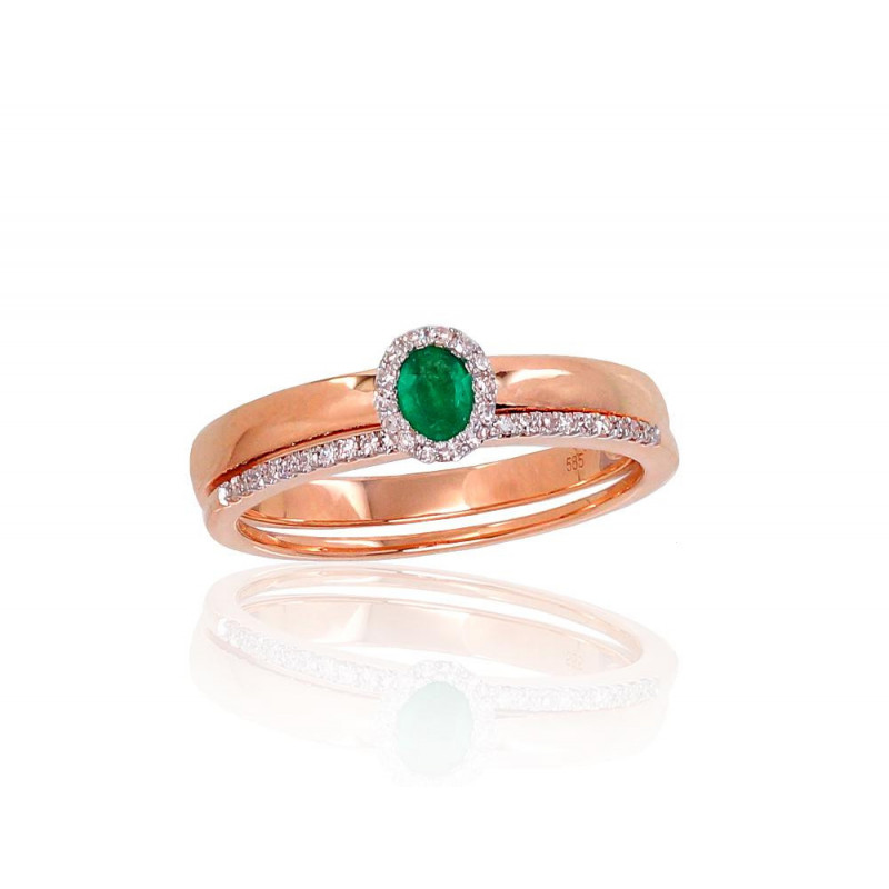 Gold ring 1100904(Au-R+PRh-W)_DI+EM, Red Gold 585°, Rhodium (Plating) , Diamonds , Emerald