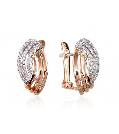 Gold earrings with 'english' lock 1200274(Au-R+PRh-W)_DI, Red Gold 585°, Rhodium (Plating) , Diamonds