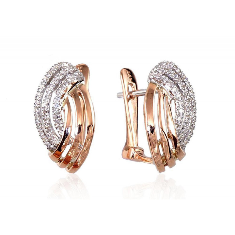 Gold earrings with 'english' lock 1200274(Au-R+PRh-W)_DI, Red Gold 585°, Rhodium (Plating) , Diamonds