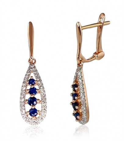 Gold earrings with 'english' lock 1200385(Au-R+PRh-W)_DI+SA, Red Gold 585°, Rhodium (Plating) , Diamonds , Sapphire