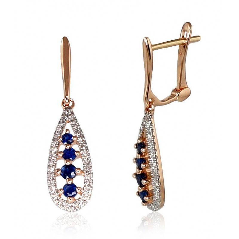 Gold earrings with 'english' lock 1200385(Au-R+PRh-W)_DI+SA, Red Gold 585°, Rhodium (Plating) , Diamonds , Sapphire