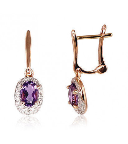 Gold earrings with 'english' lock 1200392(Au-R+PRh-W)_DI+AM, Red Gold 585°, Rhodium (Plating) , Diamonds , Amethyst