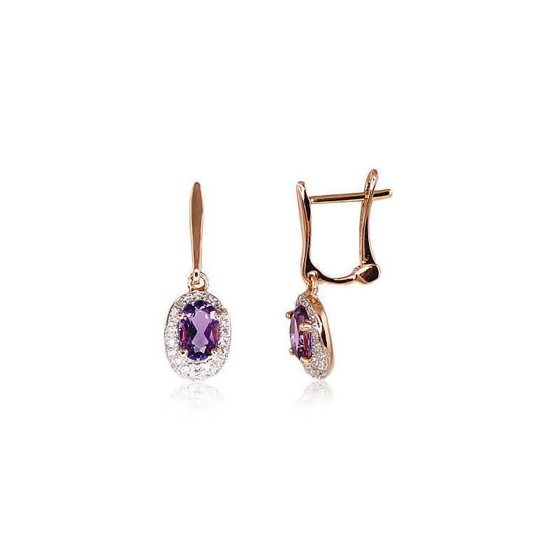 Gold earrings with 'english' lock 1200392(Au-R+PRh-W)_DI+AM, Red Gold 585°, Rhodium (Plating) , Diamonds , Amethyst