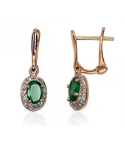 Gold earrings with 'english' lock 1200392(Au-R+PRh-W)_DI+EM, Red Gold 585°, Rhodium (Plating) , Diamonds , Emerald