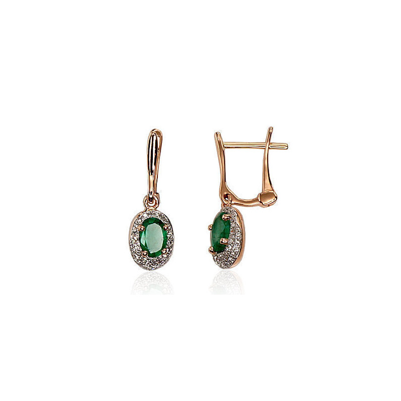 Gold earrings with 'english' lock 1200392(Au-R+PRh-W)_DI+EM, Red Gold 585°, Rhodium (Plating) , Diamonds , Emerald