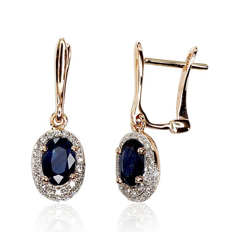 Gold earrings with 'english' lock 1200392(Au-R+PRh-W)_DI+SA, Red Gold 585°, Rhodium (Plating) , Diamonds , Sapphire