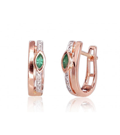 Gold earrings with 'english' lock 1200713(Au-R+PRh-W)_DI+EM, Red Gold 585°, Rhodium (Plating) , Diamonds , Emerald