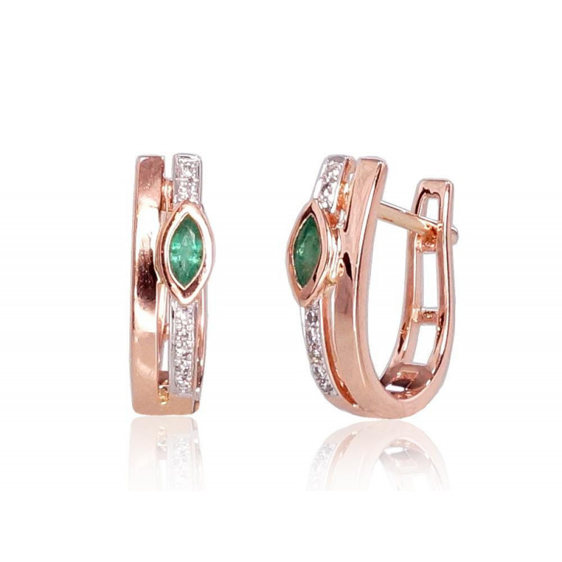 Gold earrings with 'english' lock 1200713(Au-R+PRh-W)_DI+EM, Red Gold 585°, Rhodium (Plating) , Diamonds , Emerald