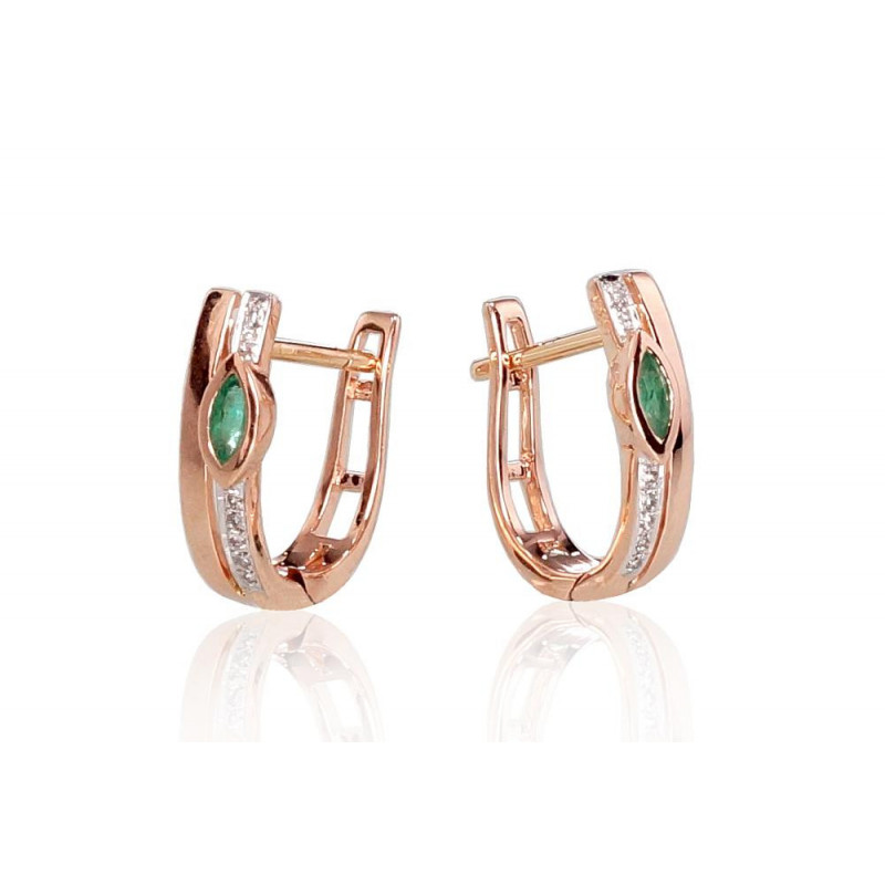 Gold earrings with 'english' lock 1200713(Au-R+PRh-W)_DI+EM, Red Gold 585°, Rhodium (Plating) , Diamonds , Emerald