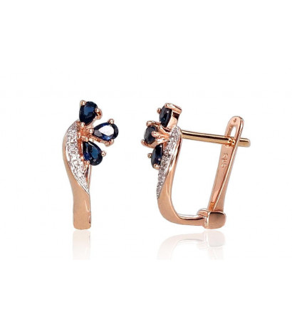 Gold earrings with 'english' lock 1200716(Au-R+PRh-W)_DI+SA, Red Gold 585°, Rhodium (Plating) , Diamonds , Sapphire