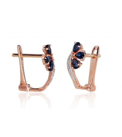 Gold earrings with 'english' lock 1200716(Au-R+PRh-W)_DI+SA, Red Gold 585°, Rhodium (Plating) , Diamonds , Sapphire