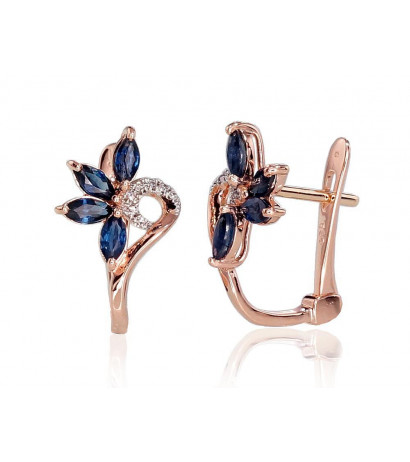 Gold earrings with 'english' lock 1200717(Au-R+PRh-W)_DI+SA, Red Gold 585°, Rhodium (Plating) , Diamonds , Sapphire