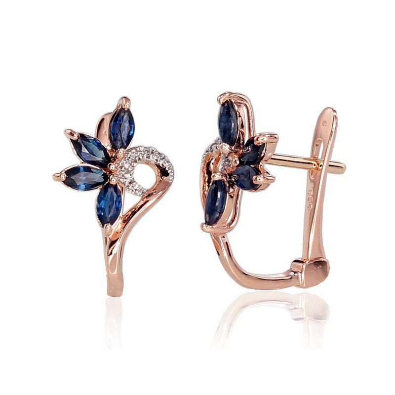 Gold earrings with 'english' lock 1200717(Au-R+PRh-W)_DI+SA, Red Gold 585°, Rhodium (Plating) , Diamonds , Sapphire