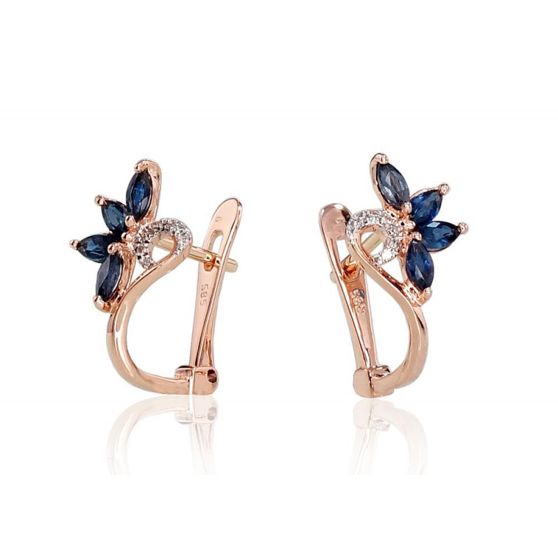 Gold earrings with 'english' lock 1200717(Au-R+PRh-W)_DI+SA, Red Gold 585°, Rhodium (Plating) , Diamonds , Sapphire