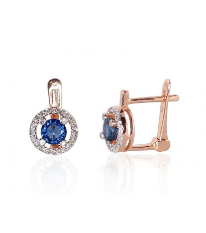 Gold earrings with 'english' lock 1200718(Au-R+PRh-W)_DI+SA, Red Gold 585°, Rhodium (Plating) , Diamonds , Sapphire