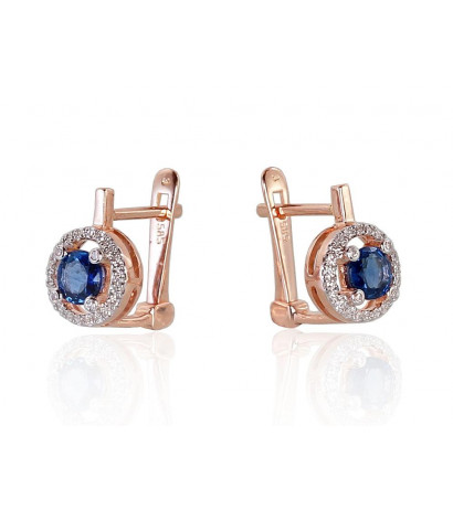 Gold earrings with 'english' lock 1200718(Au-R+PRh-W)_DI+SA, Red Gold 585°, Rhodium (Plating) , Diamonds , Sapphire