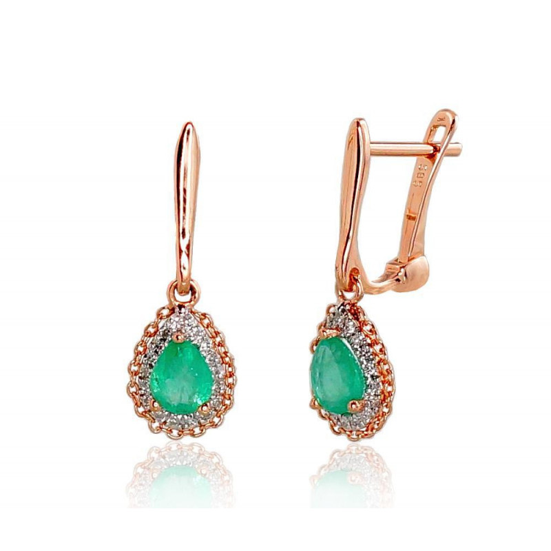 Gold earrings with 'english' lock 1200799(Au-R+PRh-W)_DI+EM, Red Gold 585°, Rhodium (Plating) , Diamonds , Emerald