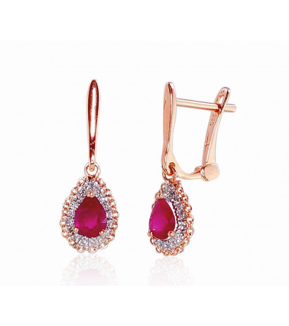 Gold earrings with 'english' lock 1200799(Au-R+PRh-W)_DI+RB, Red Gold 585°, Rhodium (Plating) , Diamonds , Ruby