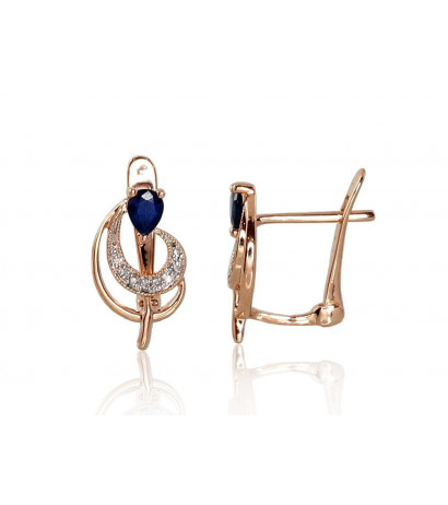 Gold earrings with 'english' lock 1200806(Au-R+PRh-W)_DI+SA, Red Gold 585°, Rhodium (Plating) , Diamonds , Sapphire