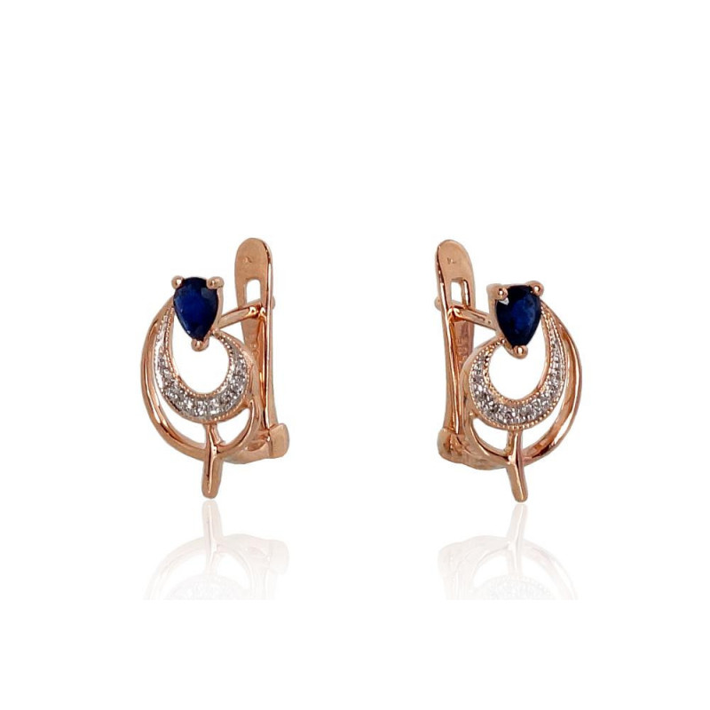 Gold earrings with 'english' lock 1200806(Au-R+PRh-W)_DI+SA, Red Gold 585°, Rhodium (Plating) , Diamonds , Sapphire