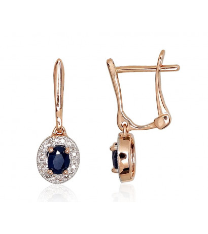 Gold earrings with 'english' lock 1200975(Au-R+PRh-W)_DI+SA, Red Gold 585°, Rhodium (Plating) , Diamonds , Sapphire