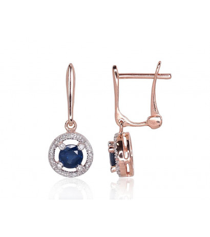 Gold earrings with 'english' lock 1201177(Au-R+PRh-W)_DI+SA, Red Gold 585°, Rhodium (Plating) , Diamonds , Sapphire