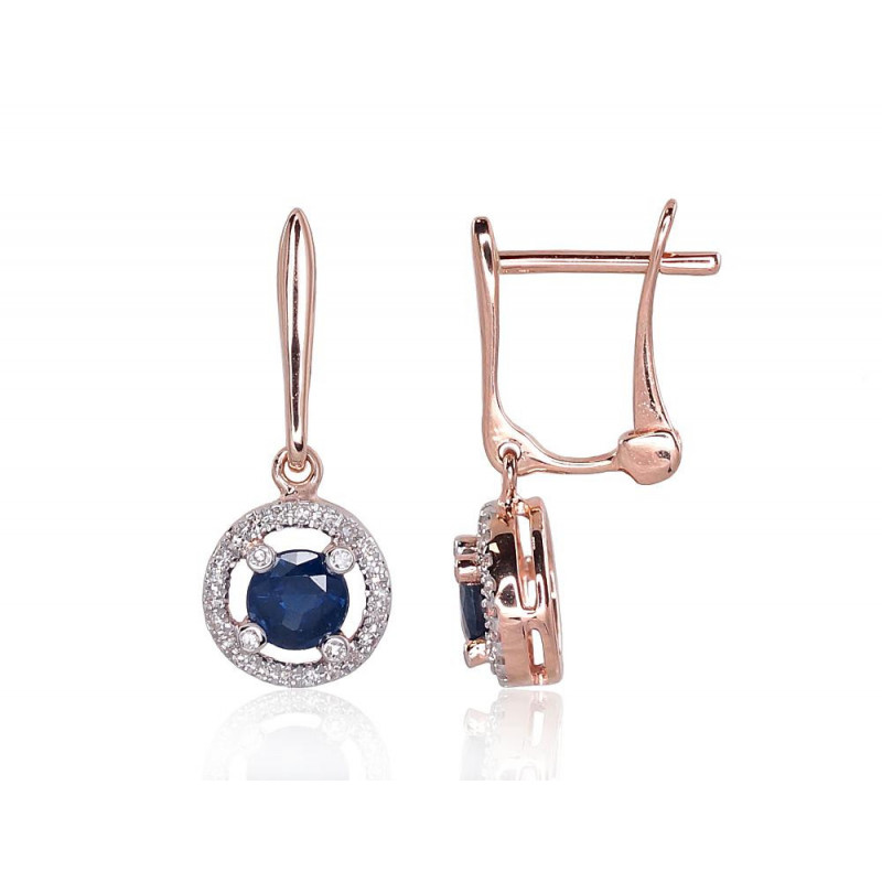 Gold earrings with 'english' lock 1201177(Au-R+PRh-W)_DI+SA, Red Gold 585°, Rhodium (Plating) , Diamonds , Sapphire