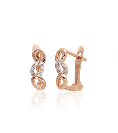 Gold earrings with 'english' lock 1201285(Au-R+PRh-W)_DI, Red Gold 585°, Rhodium (Plating) , Diamonds