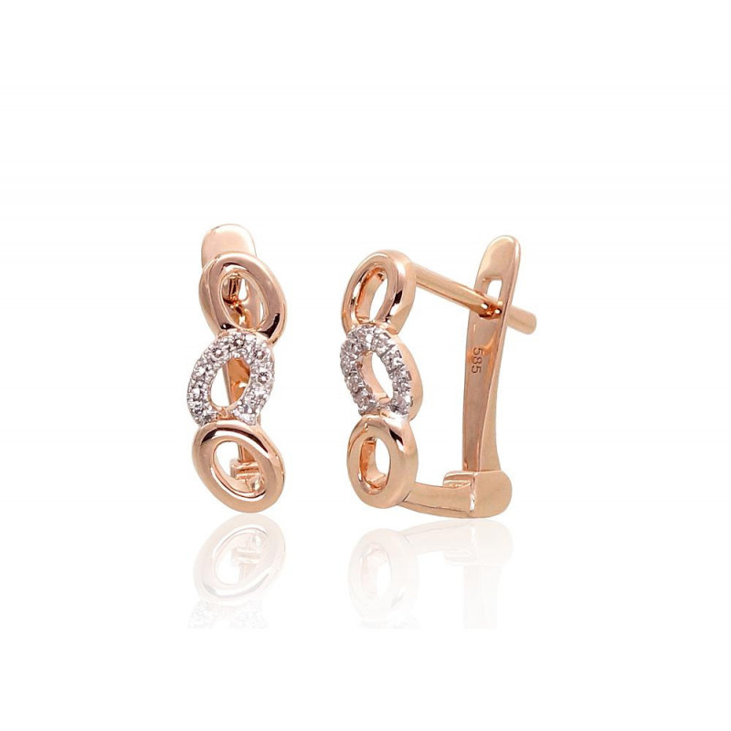 Gold earrings with 'english' lock 1201285(Au-R+PRh-W)_DI, Red Gold 585°, Rhodium (Plating) , Diamonds