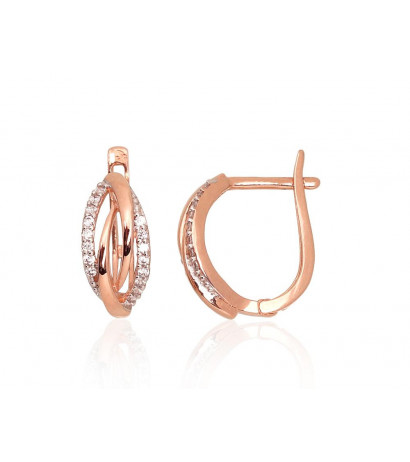 Gold earrings with 'english' lock 1201287(Au-R+PRh-W)_CZ, Red Gold 585°, Rhodium (Plating) , Zirkons